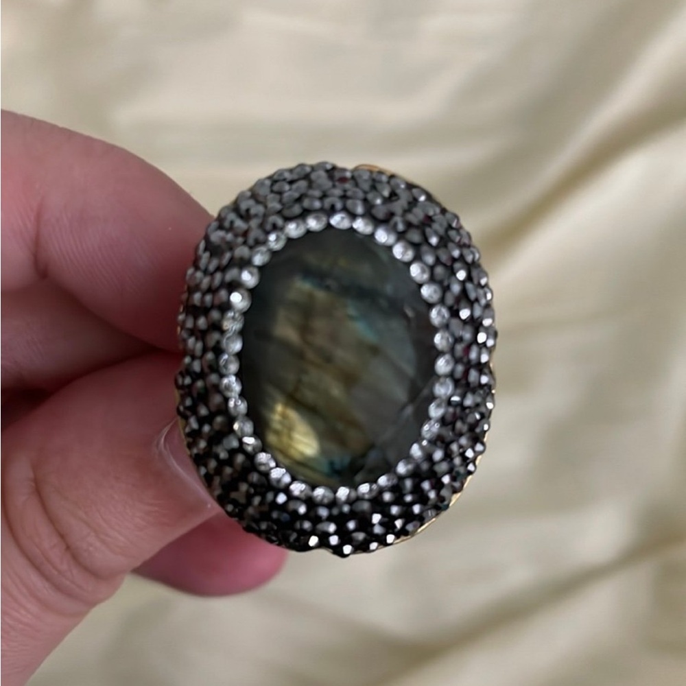 Gold and Grey Textured Ring with Iridescent Stone